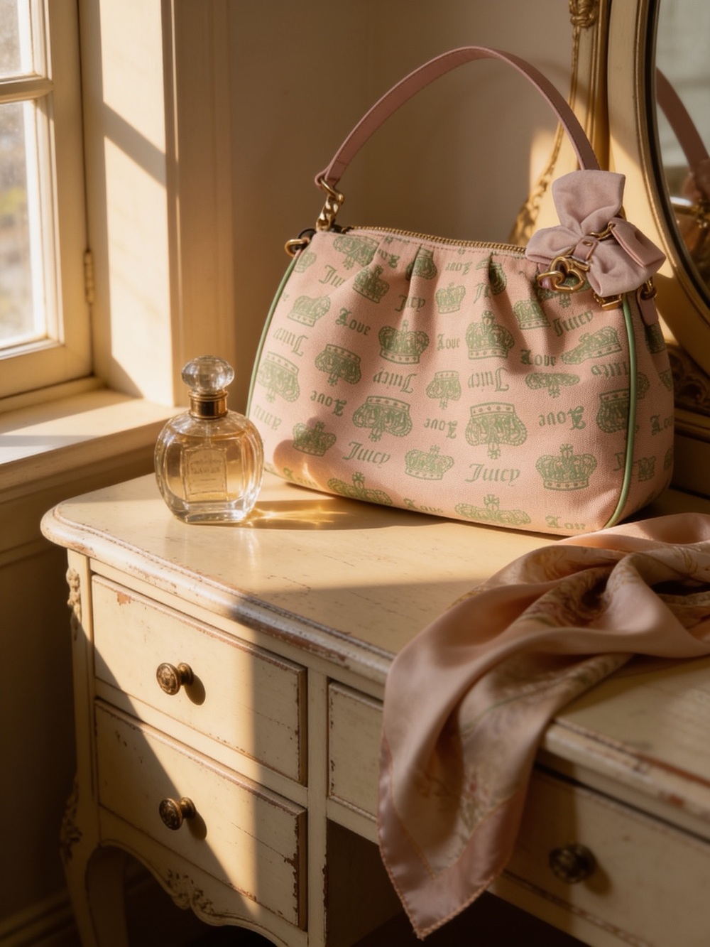 Juicy Couture Pink Shoulder Bag with Green Logo Print and Bow